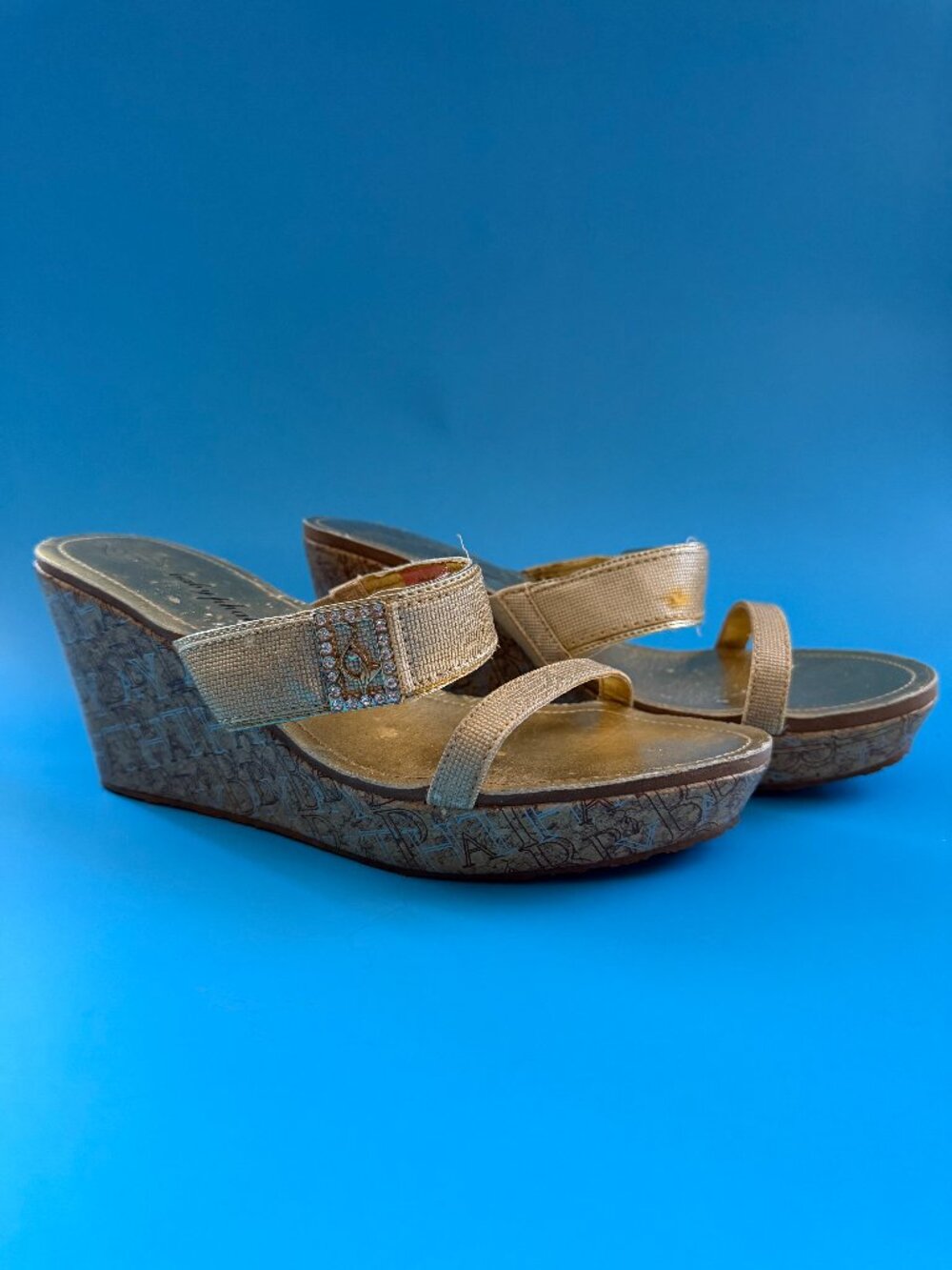 Baby Phat Y2K Gold Cork Monogram Wedge Sandals Rhinestone Cat Logo